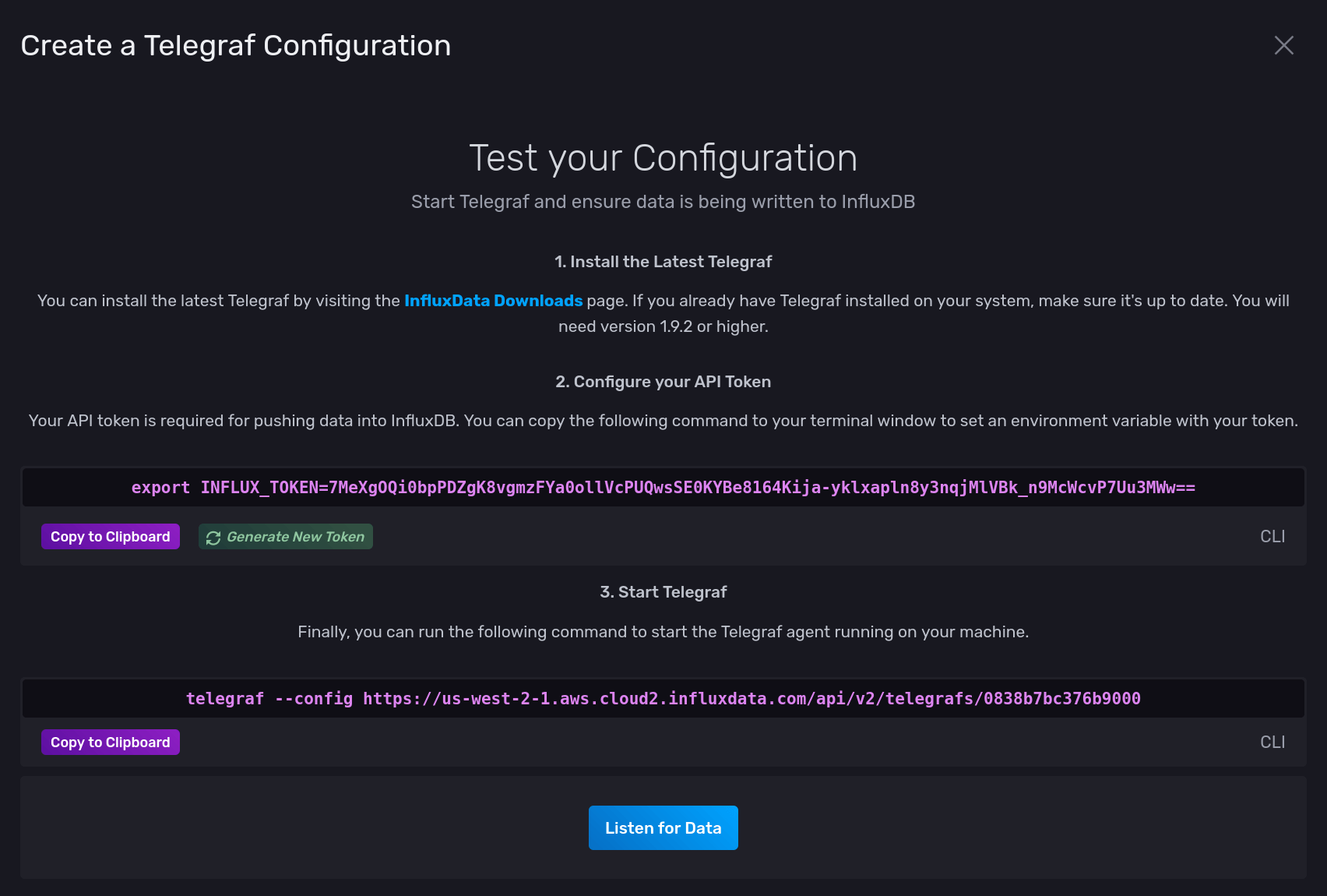 InfluxDB Cloud Telegraf Config Page