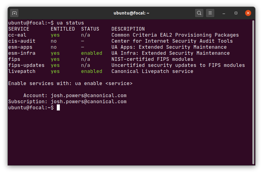 ua status CLI output